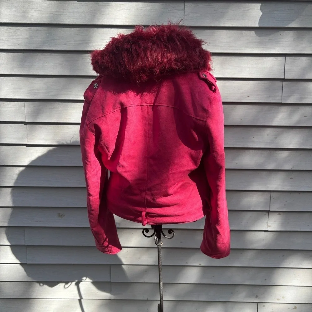 Pink Faux Suede Moto Jacket with Faux Fur Collar‎ Medium Baddy - Picture 9 of 13